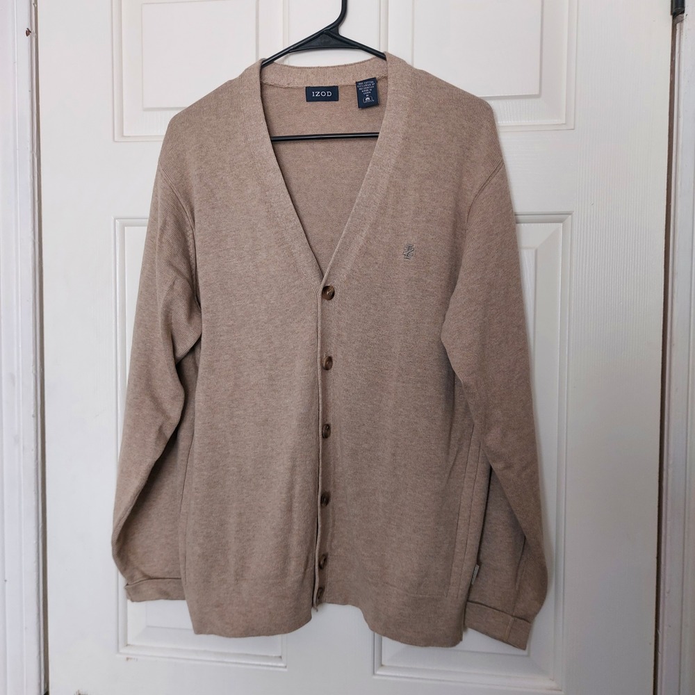 Izod Men Tan Cotton V-Neck Button Front Cardigan Sweater Size Medium M Academia